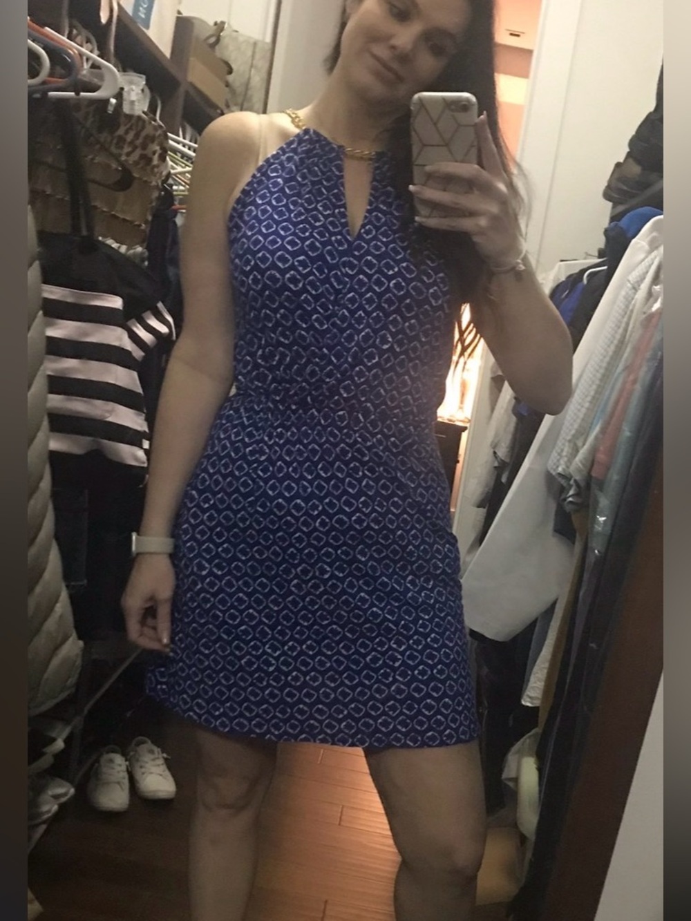 MICHAEL Michael Kors Blue Printed Halter-Neck Dress with Gold Chain detail